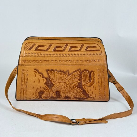 Hand Tooled Leather Crossbody Purse W/Eagle & Aztec Motif Boho Style Rustic Bag - Picture 1 of 10